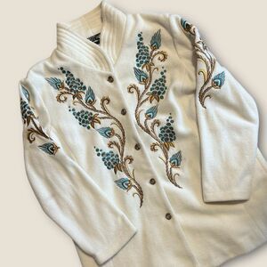 Bob Mackie Wearable Art Women's White Embroidered Button Front Jacket L Boho